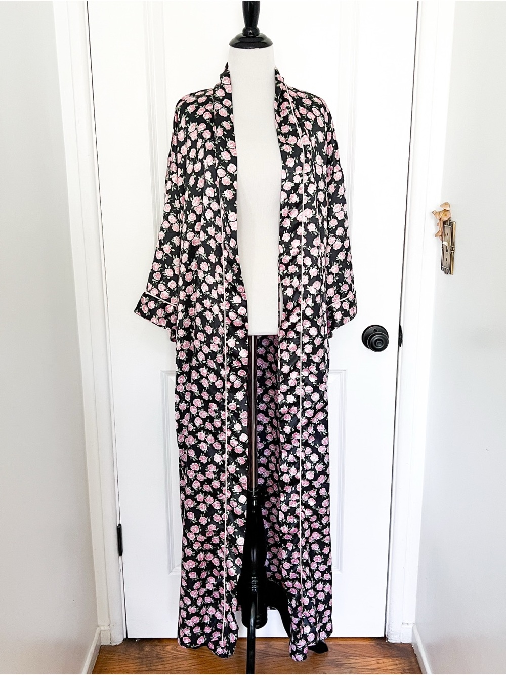 Vintage Dior Black Satin Floral Duster Robe with Pink Blooms